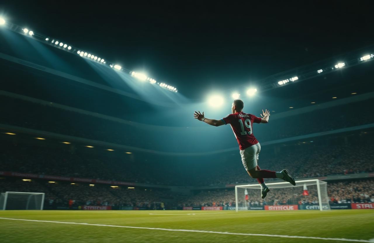 Footballer celebrating under floodlights