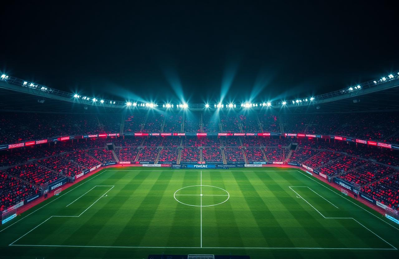Stadium perimeter LED boards under floodlights