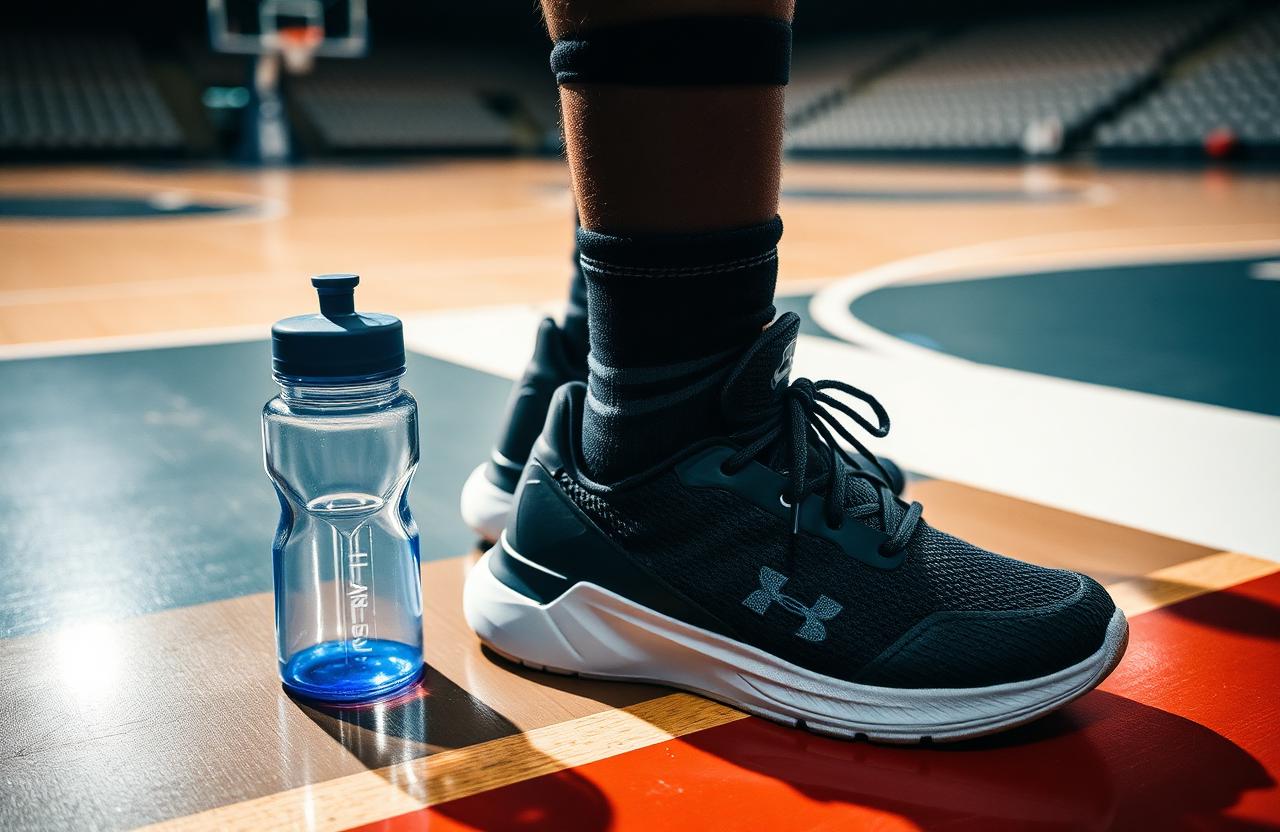Athlete sneakers and water bottle on the court