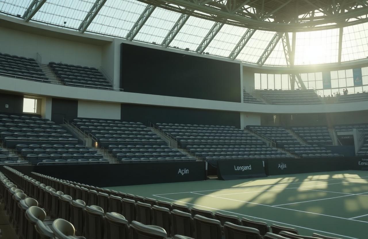 Empty tennis stadium with subtle advertising